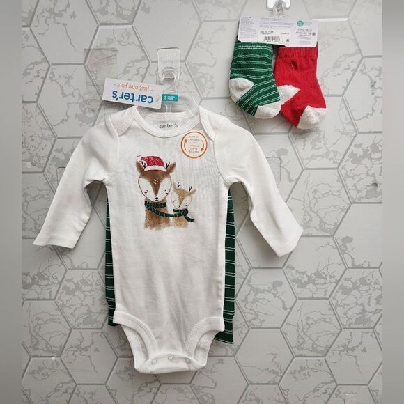 Carter's Christmas Deer Onesie & Pants Set and 2 pair socks NEW - Picture 1 of 8